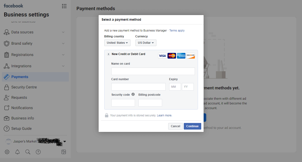 Adding a Payment Method step 2